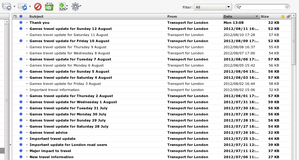 Inbox - TFL folder during the London Olymics