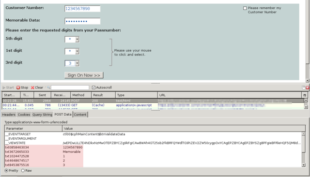 Highlighted is the entered information shown by HTTPFox